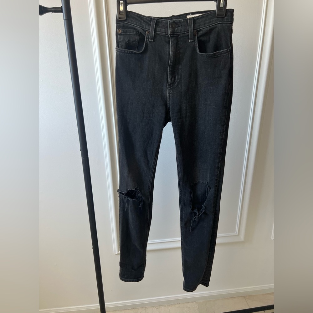 Rag & Bone high rise skinny distressed jeans in “rock” dark grey / black